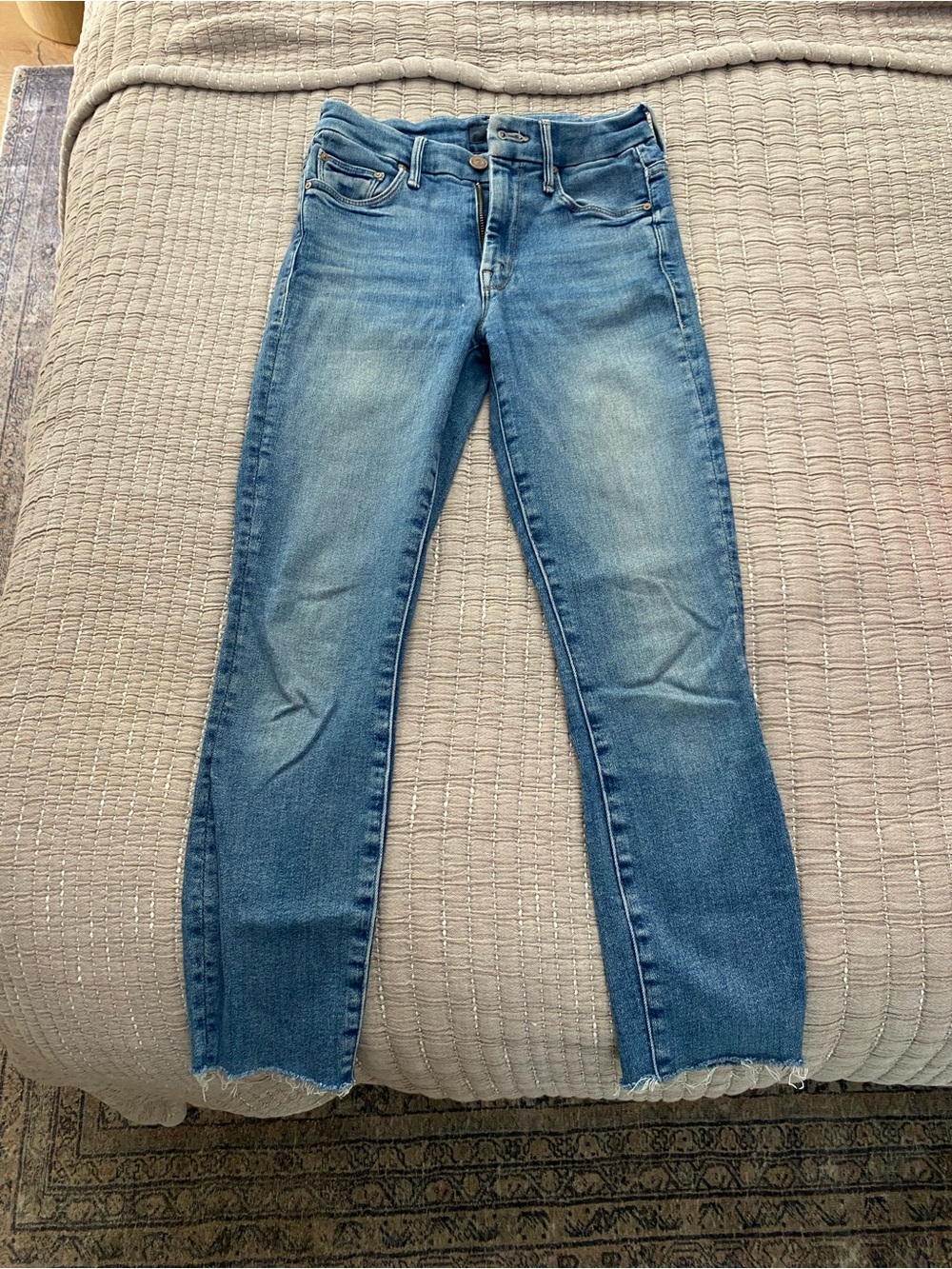MOTHER Skinny High-Rise Jeans in Medium Blue with Faded Whiskering